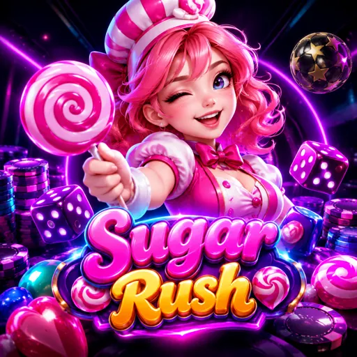 Capa do caça-níqueis Sugar Rush com gomas coloridas em grade de doces